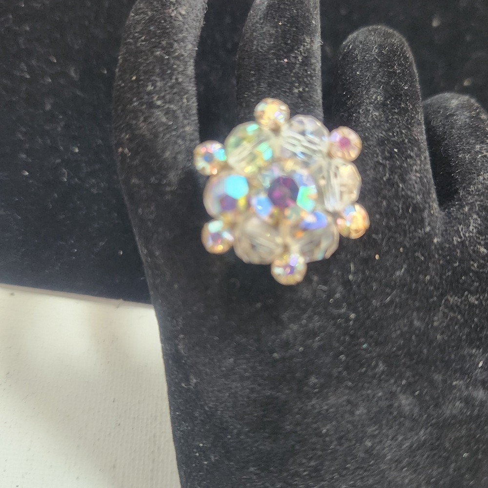 Vintage Aurora Borealis AB Crystal Cluster Statement Cocktailā Ring Iridescent